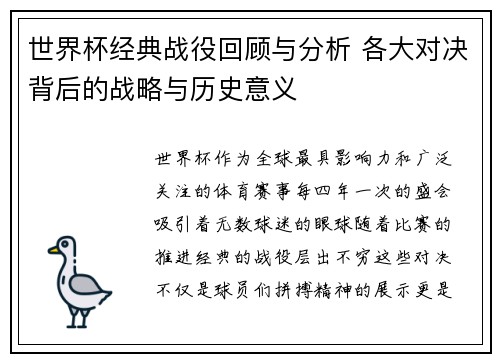 世界杯经典战役回顾与分析 各大对决背后的战略与历史意义