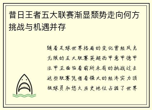 昔日王者五大联赛渐显颓势走向何方挑战与机遇并存