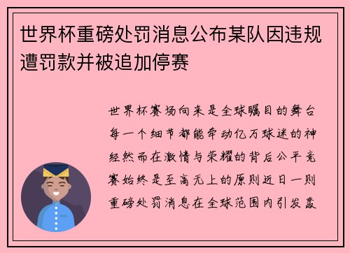 世界杯重磅处罚消息公布某队因违规遭罚款并被追加停赛